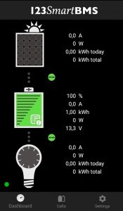 App dashboard Dashboard screenshot displaying important battery parameters